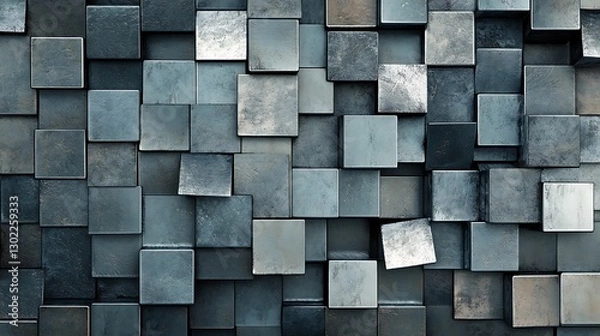 Obraz Textured Metal Cubes 3D Render: Abstract Geometric Background AI Generated