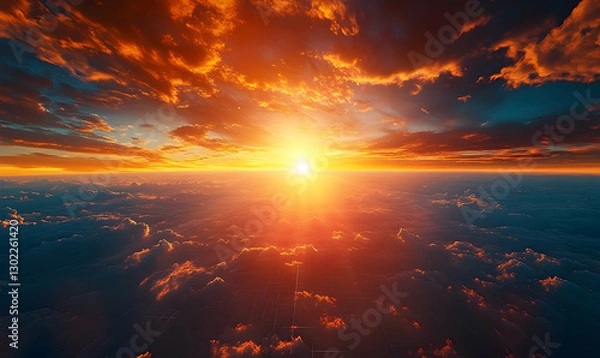 Fototapeta Panoramic Celestial View of the Fiery Sunset Above the Clouds with Warm Light