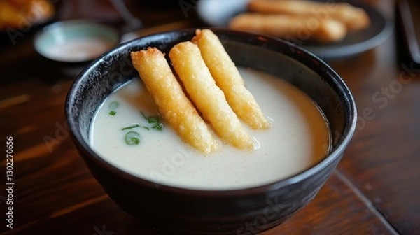 Fototapeta Delicious bowl of creamy soup served with crispy fried items on top.