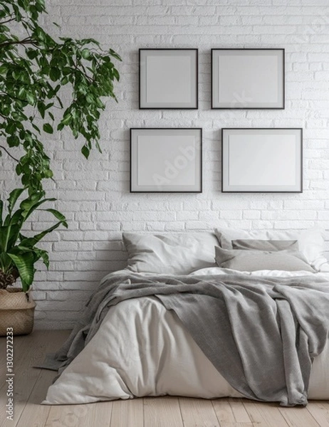 Fototapeta Minimalist bedroom with white brick wall, bed, plant, and frames.