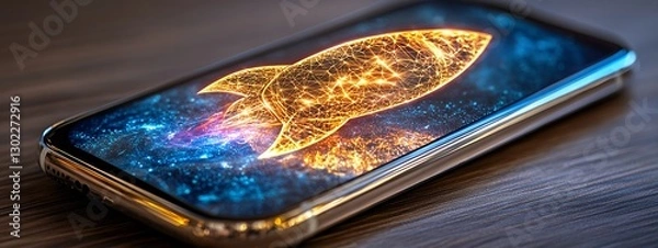 Obraz Glowing Golden Rocket Ship on Smartphone Screen