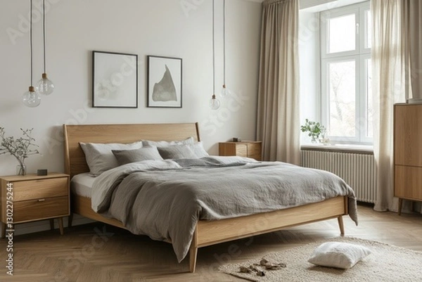 Fototapeta Minimalist bedroom with wooden bed, grey linen bedding, and natural light.