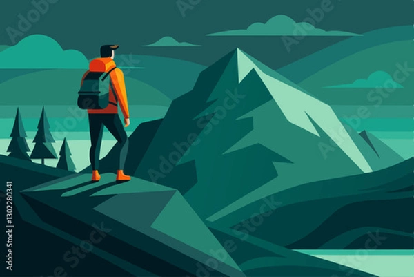 Obraz Lone Hiker Standing on Mountain Peak – Adventure & Exploration Concept