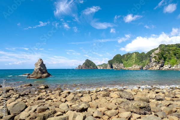 Obraz 堂ヶ島のトンボロの浜から見る西伊豆の海岸線