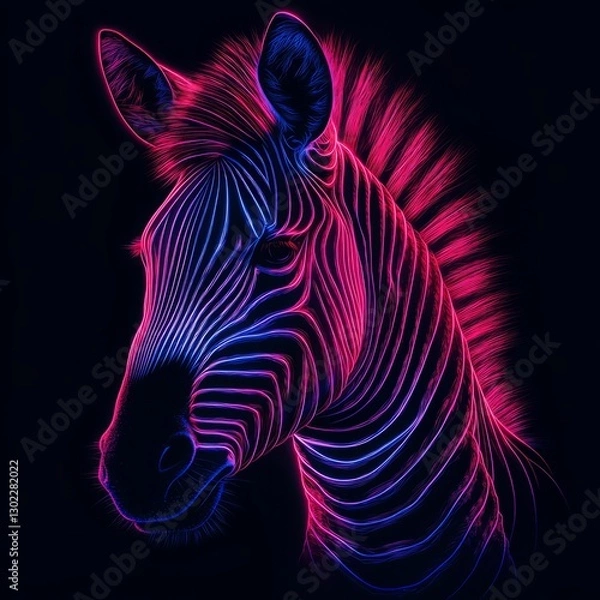 Fototapeta Stylized zebra head outlined in neon blue and magenta lines, glowing in the dark 