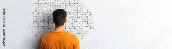Fototapeta A man stands against a wall, looking at a pattern of lines, symbolizing contemplation or introspection about life and choices.
