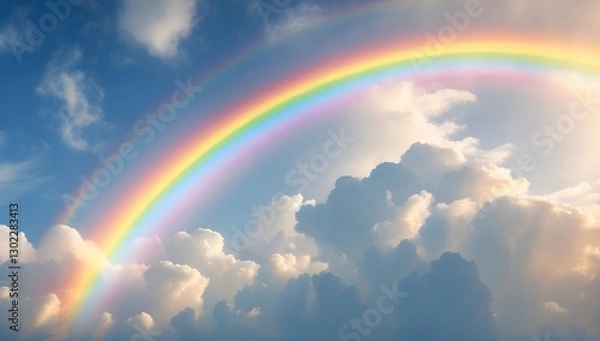 Fototapeta rainbow arching across a sky dotted with fluffy clouds Keywo