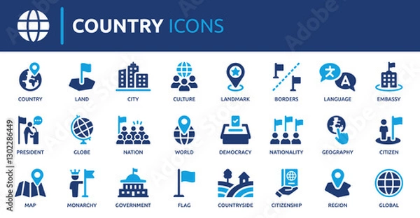 Fototapeta Country icon set. Containing flag, nation, citizen, land, world, government, landmark, borders and more. Solid vector icons collection.