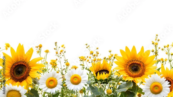 Fototapeta Sunflower and wild daisy floral border with rustic charm, on white background
