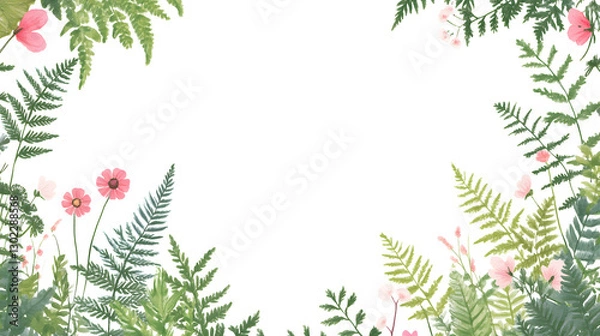 Fototapeta Hand-drawn botanical frame with wildflowers and ferns, cut out, frame of green leaves