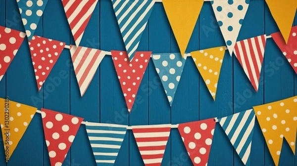 Fototapeta A repeating bunting pattern with alternating polka-dot and striped flags.