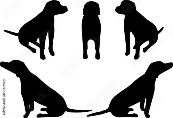 Fototapeta A collection of black dog silhouettes in various sitting and standing positions, displayed on a white background, perfect for design, illustration, and creative projects.