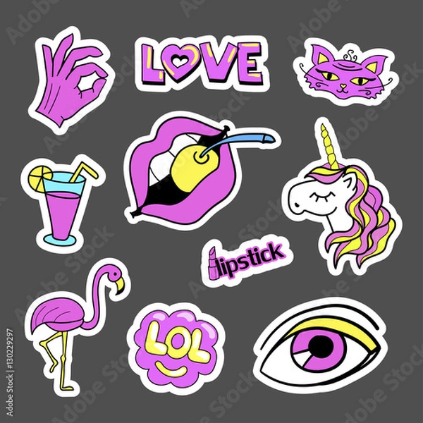 Obraz Fashion quirky cartoon doodle patch badges with cute elements. Set of stickers in comic style 80s 90s. Cats, palm, ice-cream, coctail. Eps 10