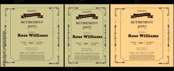 Obraz Set of retirement party invitation, square banner, instagram story and a4 poster, vector illustration Retirement Flyer Design Template. Retirement Party Invitation Layout, square banner, and a4 poster