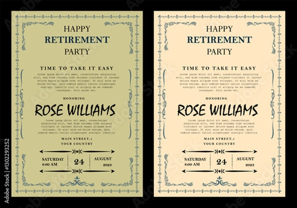 Obraz Set of retirement party invitation, square banner, instagram story and a4 poster, vector illustration Retirement Flyer Design Template. Retirement Party Invitation Layout, square banner, and a4 poster