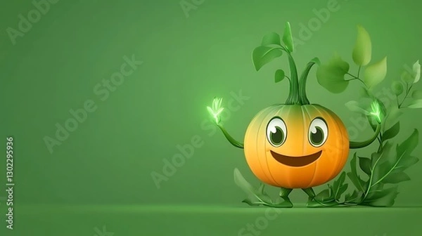 Fototapeta Smiling Pumpkin Character 3D Render: Autumnal Green Background AI Generated