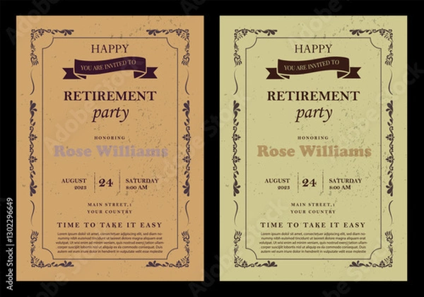Obraz Set of retirement party invitation, square banner, instagram story and a4 poster, vector illustration Retirement Flyer Design Template. Retirement Party Invitation Layout, square banner, and a4 poster