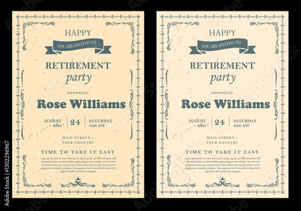 Obraz Set of retirement party invitation, square banner, instagram story and a4 poster, vector illustration Retirement Flyer Design Template. Retirement Party Invitation Layout, square banner, and a4 poster