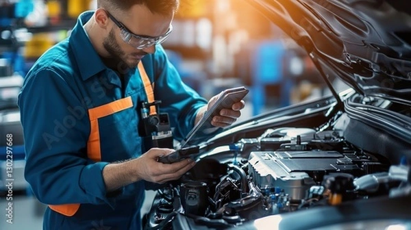 Fototapeta A modern hybrid vehicle undergoing maintenance, professional technician using digital diagnostic tools