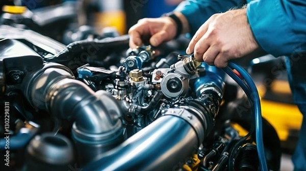 Fototapeta A race car engine being tuned for peak performance, mechanic adjusting turbo components