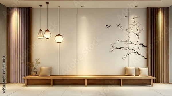 Fototapeta Serene Minimalist Zen Bench Design: 3D Render of a Modern Interior Space AI Generated
