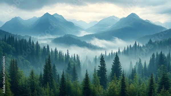 Fototapeta Misty mountain landscape with evergreen forest.