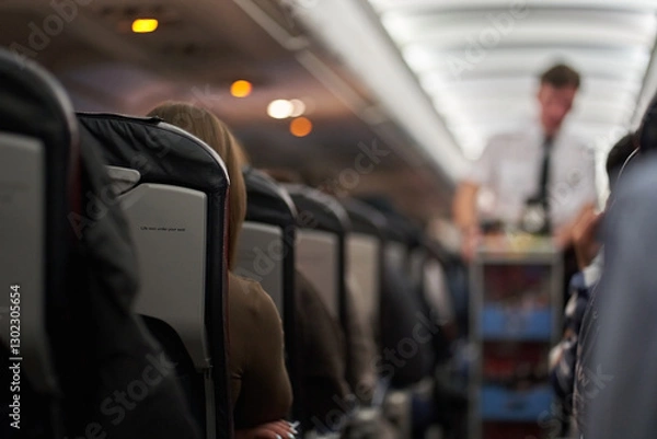 Obraz A male steward who distributes food and drinks on board the aircraft. The passengers are sitting in their seats and watching. View along the row. High quality photo