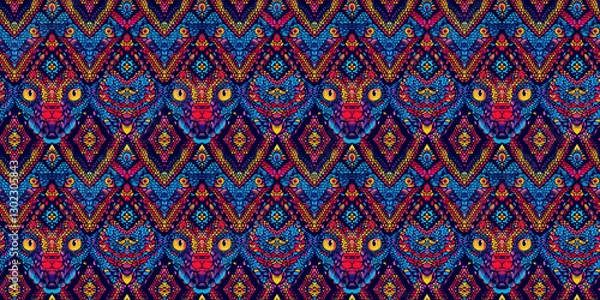 Fototapeta Colorful abstract pattern with symmetrical geometric shapes and animal features