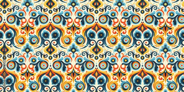 Fototapeta Colorful ornate floral pattern with symmetrical swirls and bold curves in vintage style