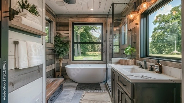 Fototapeta Luxury bathroom in a tiny home with a marble countertop, freestanding tub, and efficient use of space 
