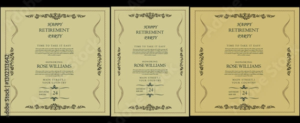 Obraz Set of retirement party invitation, square banner, instagram story and a4 poster, vector illustration Retirement Flyer Design Template. Retirement Party Invitation Layout, square banner, and a4 poster