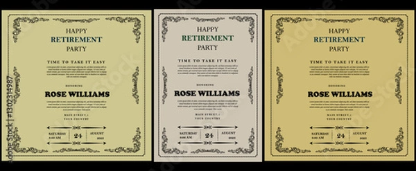 Obraz Set of retirement party invitation, square banner, instagram story and a4 poster, vector illustration Retirement Flyer Design Template. Retirement Party Invitation Layout, square banner, and a4 poster