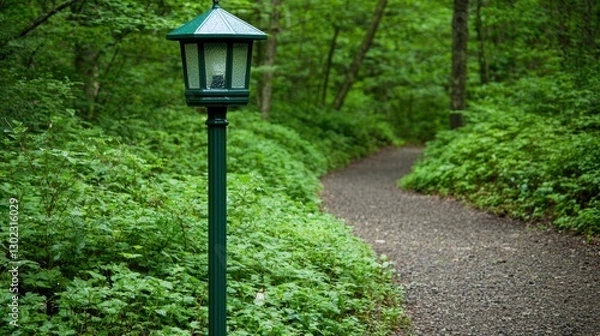 Fototapeta A green lamp post stands beside a gravel path winding through a lush green forest. Serene nature scene.