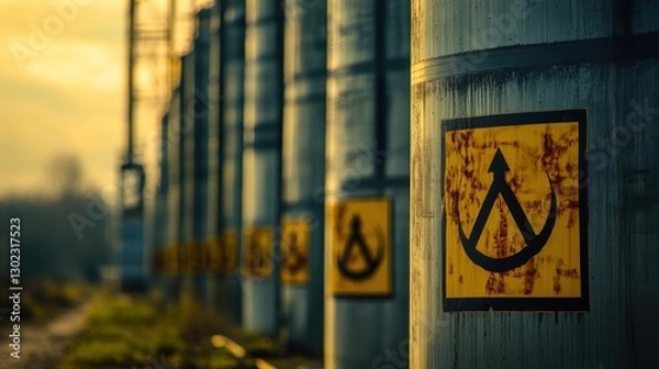 Fototapeta Industrial Storage Tanks with Warning Signs at Sunset in Landscape