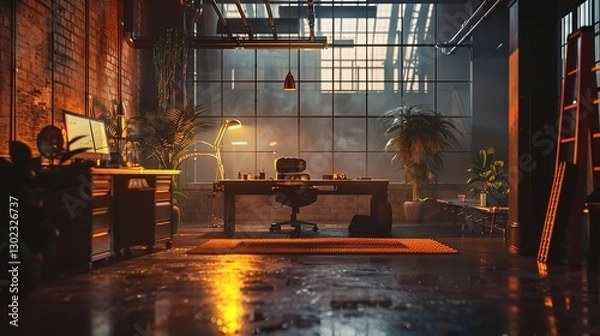 Fototapeta Futuristic High-Tech Scene with Glowing Orange and Blue Cylindrical Structure