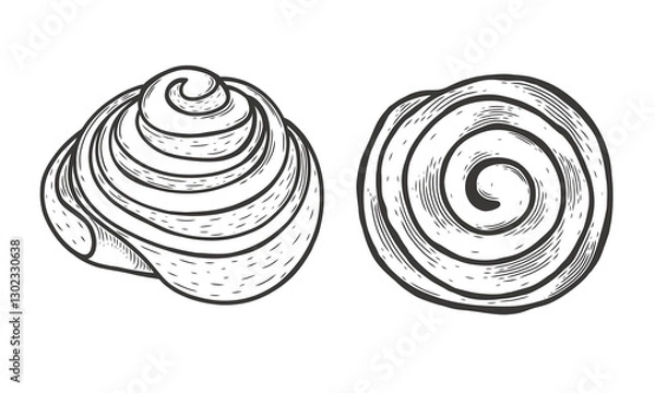 Fototapeta Cinnabon sweet bakery product sketch engraving vector illustration, top and side view. Imitation scratchboard style. Black and white hand drawn image