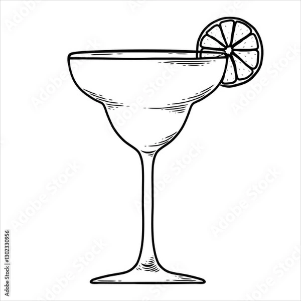 Fototapeta Vector glass of Margarita cocktail with lime slice in hand drawn style. Summer alcohol drink. Engraving illustration