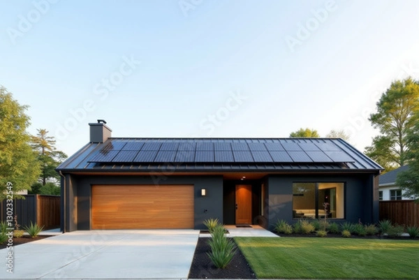 Obraz A Modern Sustainable house with sleek solar panels integrated into a flat roof, framed by minimalist landscaping.