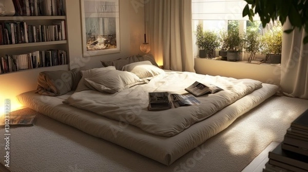 Fototapeta Chic and modern bedroom with a low bed frame, neutral decor, and a stylish reading nook