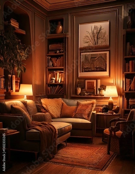 Fototapeta  A soft, dimly lit reading area, illuminated by aesthetic