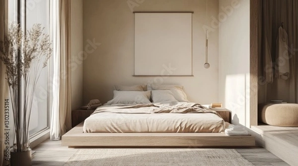 Obraz Cozy and stylish bedroom with a sleek low bed frame, neutral tones, and an inviting reading nook