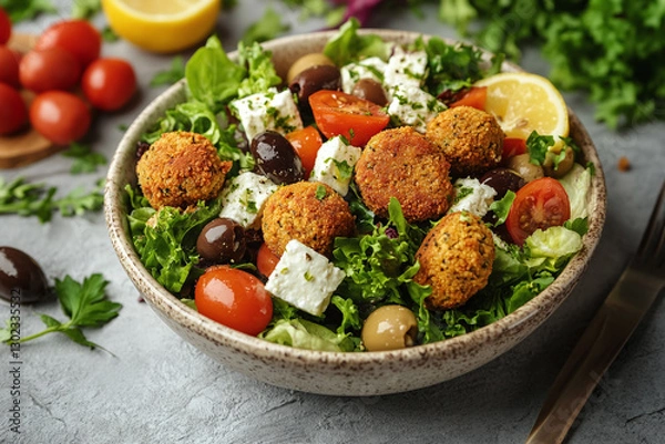 Fototapeta Mediterranean falafel salad with crispy chickpea fritters, olives, feta, and lemon dressing