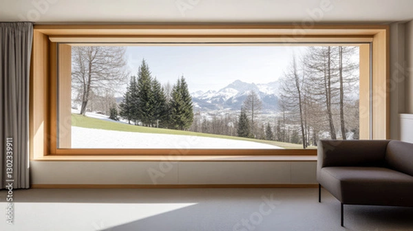 Obraz Snowy mountain view from a modern room with large window overlooking green grass