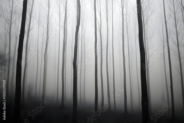 Fototapeta Foggy forest scene in grayscale, with tall, bare trees fading into the mist, creating a sense of depth and mystery