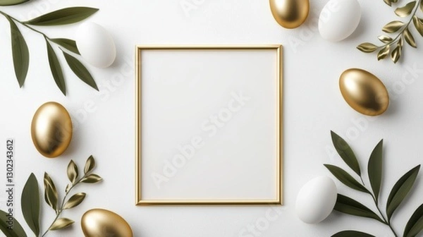 Fototapeta Elegant Easter Flatlay Gold and White Eggs with Frame