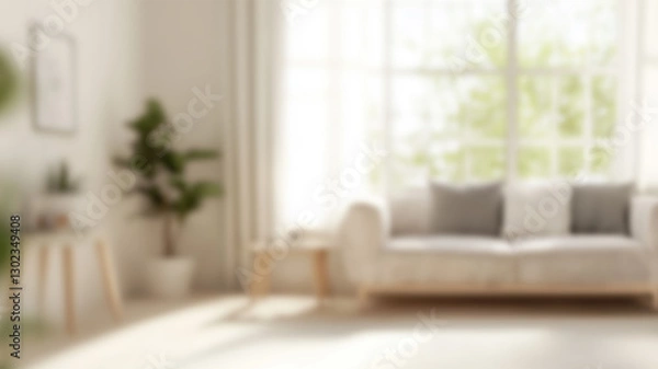 Fototapeta Blurred background of serene scandinavian living room featuring light wooden furniture, soft accents, and lush greenery, creating a cozy and inviting atmosphere. AI Generated Images