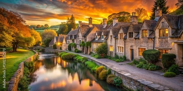 Fototapeta Bibury, Arlington Row Cottages: Idyllic English Village Scene at Golden Hour