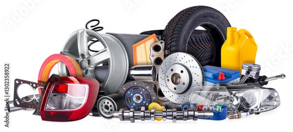 Fototapeta huge stack pile of  car parts including wheels, tires, filters, and engine components isolated  white background. automotive vehicle repair and service industry concept.