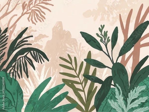 Fototapeta Serene Botanical Illustration: A Peachy Paradise of Lush Greenery