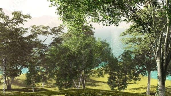 Fototapeta Forest at the lake shore in summer 3d rendering